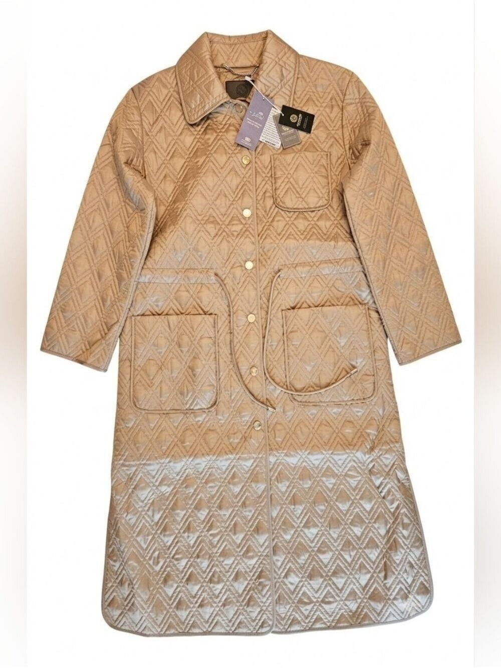 Women's Long Beige Winter Quilted Coat, Snover, NWT, Small Trench Coat